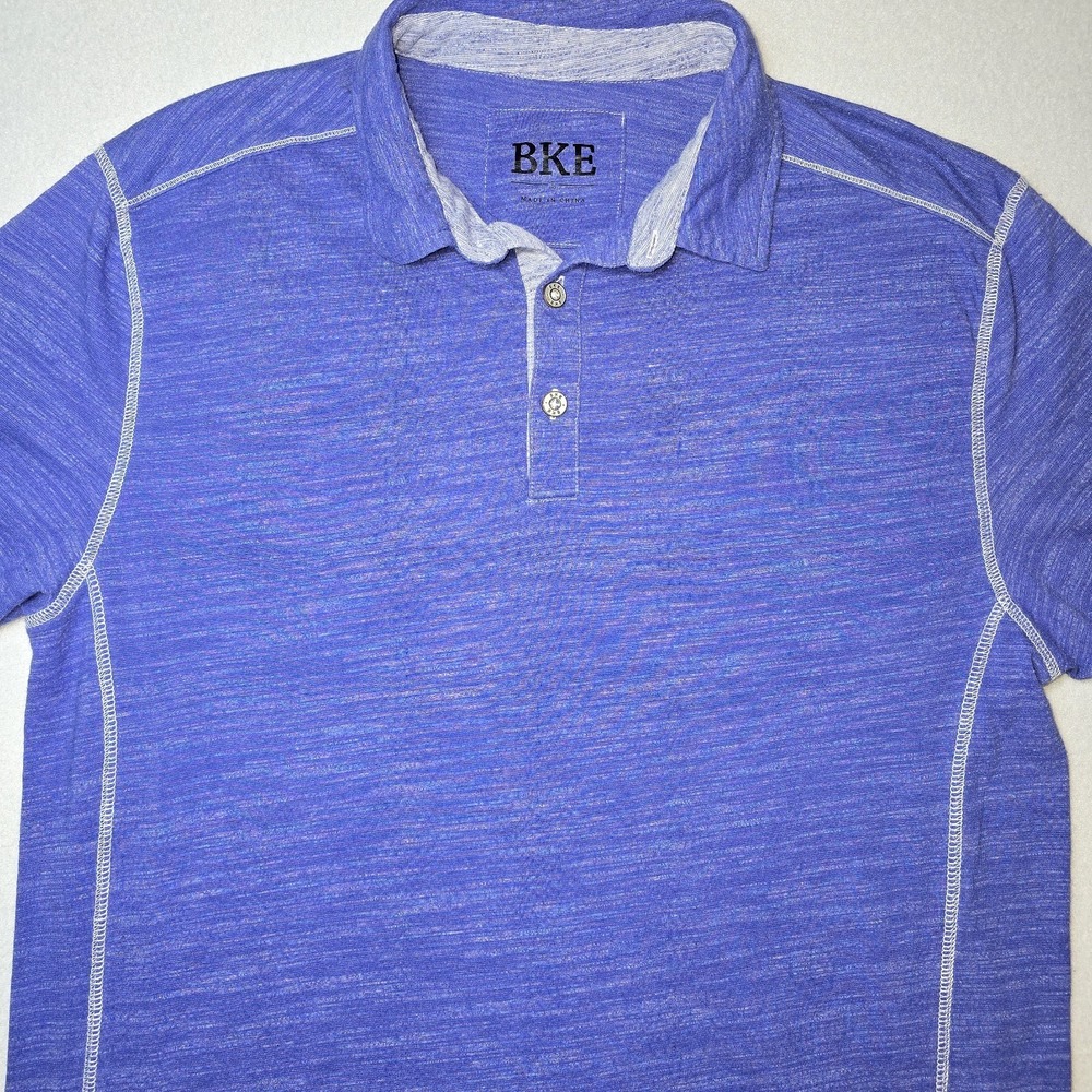 BKE Men's Blue Marled Slub Polo Shirt L Contrast Stitch Casual Preppy Golf